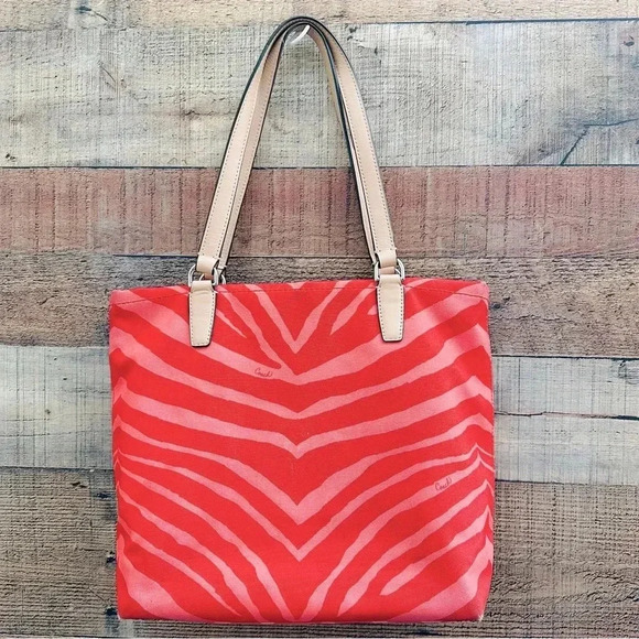 Coach Striped Zebra Print Tote Purse In Hot Coral - Picture 2 of 10